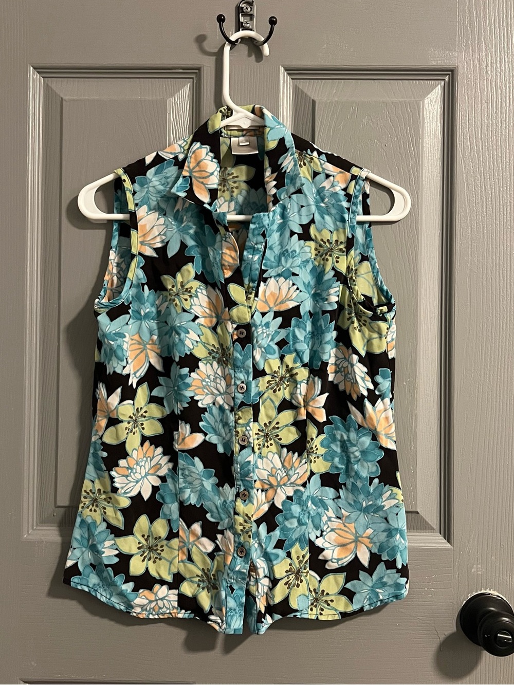 Austin Reed Sleeveless Floral Silk Top Teal Brown Cream Summer Travel Casual